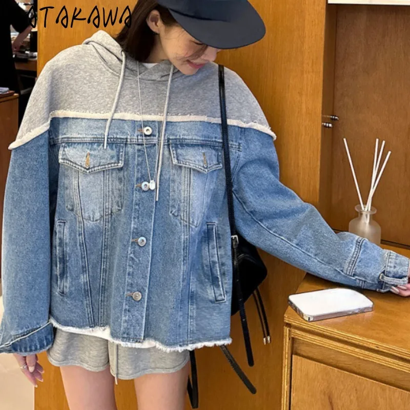 Matakawa Hooded Denim Patchwork Jackets Women Vintage Autumn Winter Casual Chaquetas Mujer Korean Fashion Loose Outwears