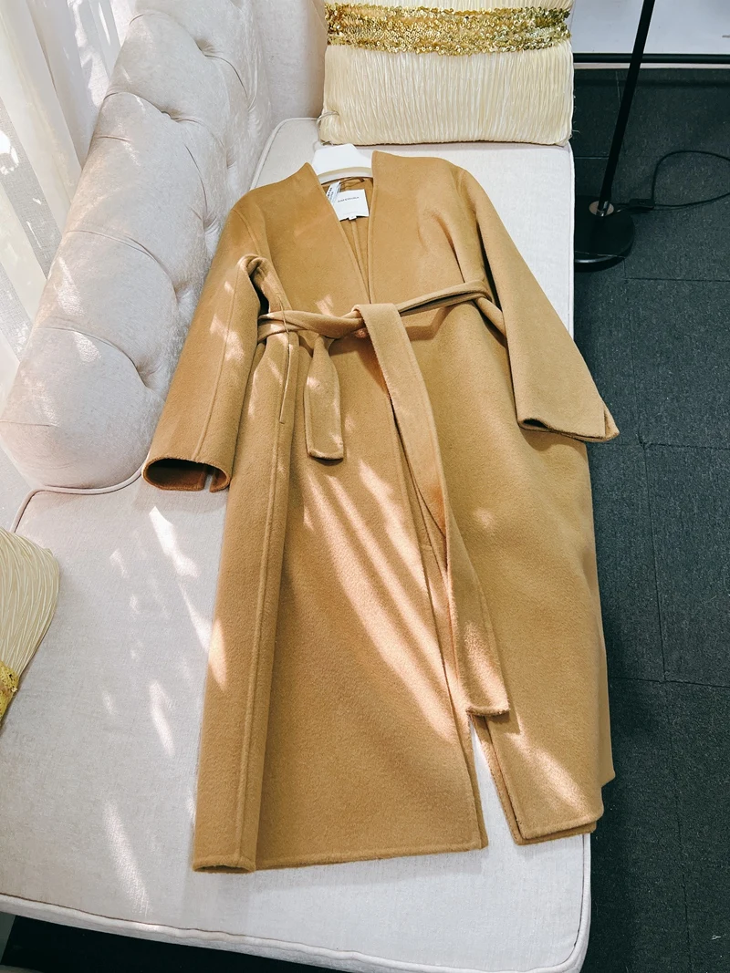 Lingzhi Sister Top Quality Camel Silk Cashmere Coat Woolen Outerwear Elegant Brief Slim V-Neck Autumn Winter Overcoat NewArrival