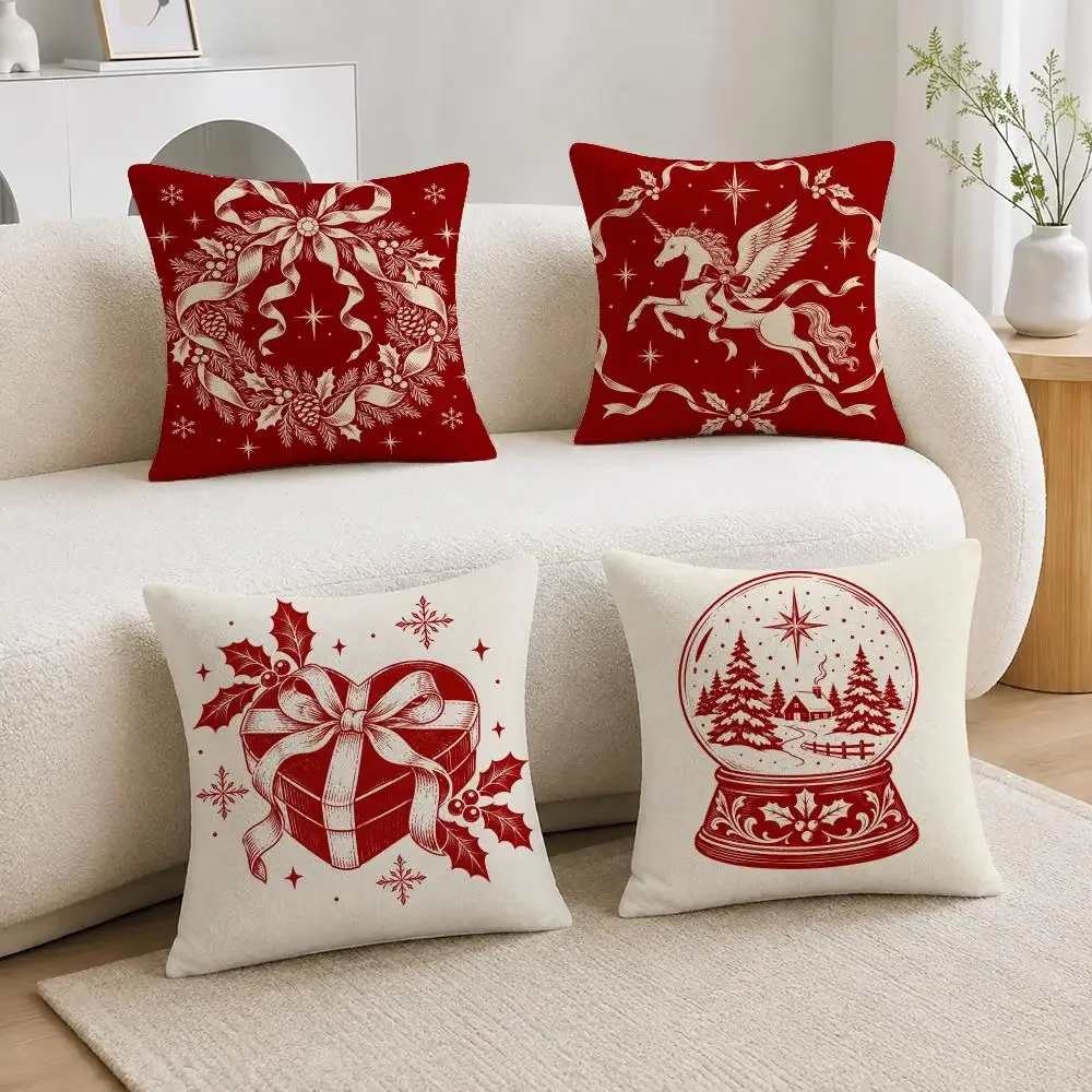 Vintage Red Line Christmas Engraving Pattern Set Cushion Cover Soft Plush Fluffy Throw Pillow Cases for Sofa Bedroom Home Decor