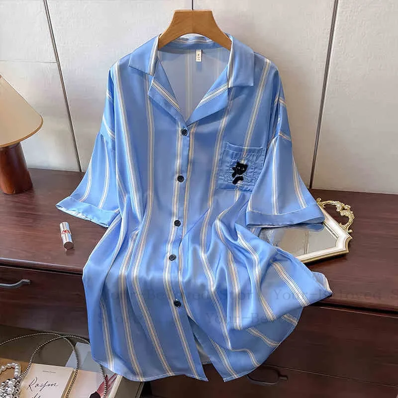 

Blue Stripe Nightdress Short Sleeve Sleepwear Women Sexy Lingerie Satin Pijama Mujer Loose Night Dress Woman Loungewear