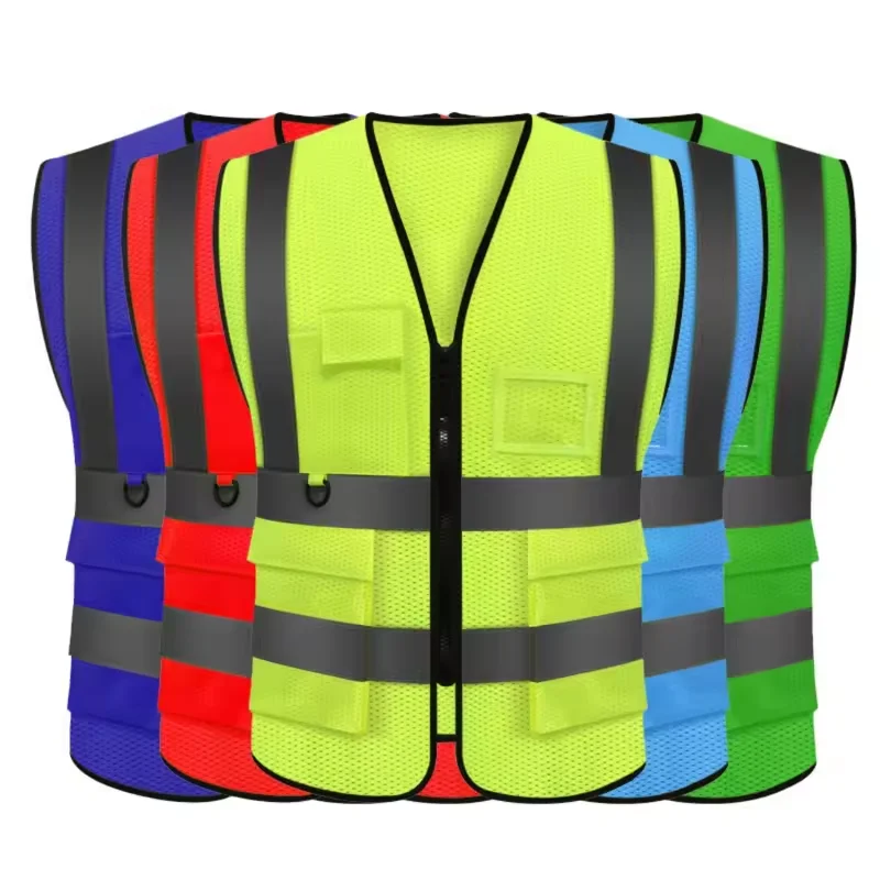 

Adults Grid Summer Reflective Safety Vest High Visibility Night Work Security Sleeveless Construction Workwear Zipper Pockets