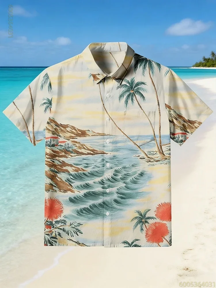 Men's shirt ink cherry blossom sleeping cat print lapel short sleeved shirt personalized Hawaiian shirt comfortable fabric