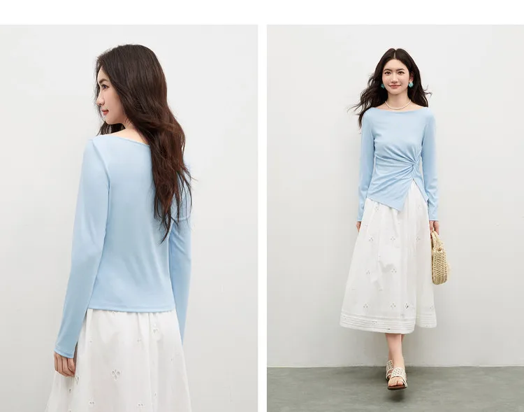 SENTUBILA Lyocell-T-Shirts für Damen, Frühling 2026, schulterfreier Ausschnitt, verdrehter, unregelmäßiger Saum, schlichte Strickoberteile W61TL5033 – Detail 24
