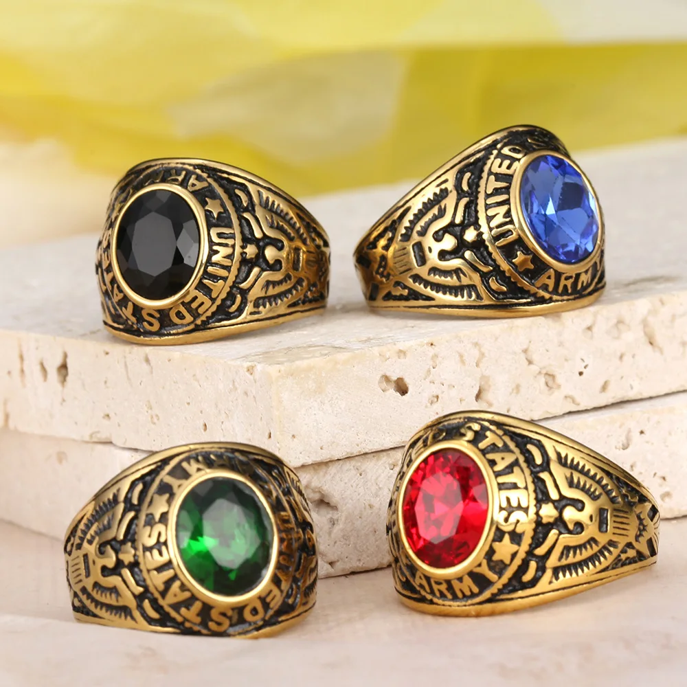 Retro Multicolor High Quality Gemstone Ring Punk US Army Navy Air Force Stainless Steel Eagle Ring Men Fashion Jewelry Wholesale