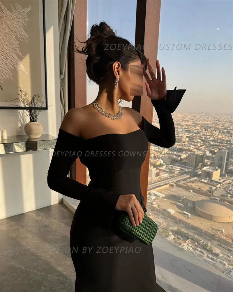 Black Mermaid Off Shoulder Prom Dress Gown Pleat Stretch Stain Formal Gown Full Sleeves Beach Evening Gown vestidos de noche