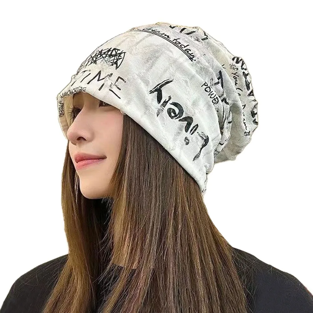 Distressed Thin Bonnet Letter Print Beanie Warm Wasteland Style Vintage Beanie Casual Loose Pullover Hat Unisex