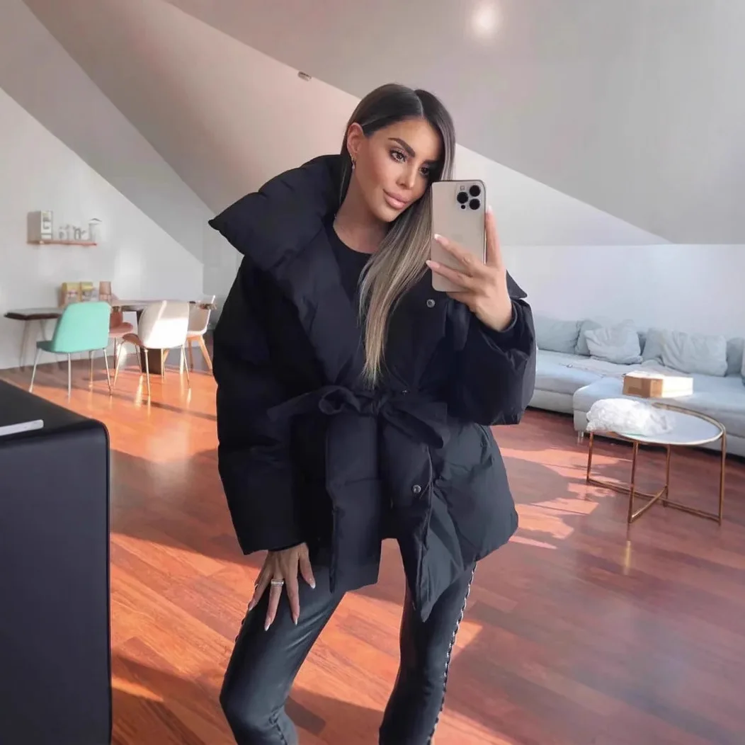 2025 Women's Clothing Parkas Warm-Weather Waist-Defining Long-Sleeve Tie-Waist Loose-Fit Solid-Color Fashionable Cotton Coat