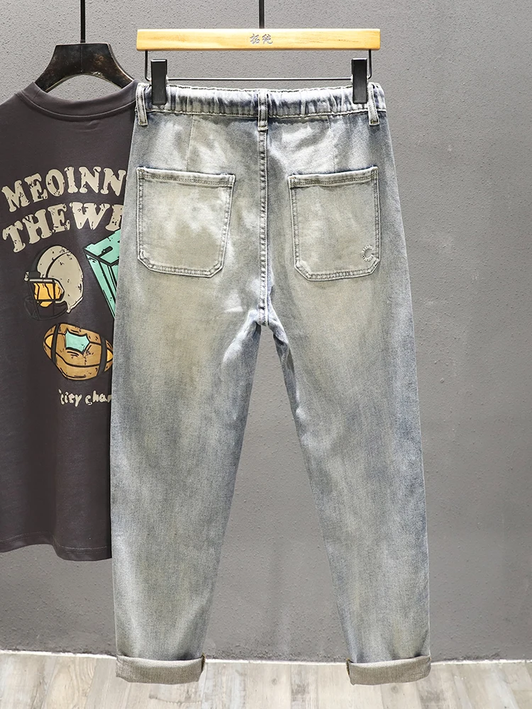 Pantalones vaqueros elásticos Waisand para hombre, pantalones finos Retro americanos holgados adelgazantes de nueve piezas, pantalones largos cómodos y transpirables