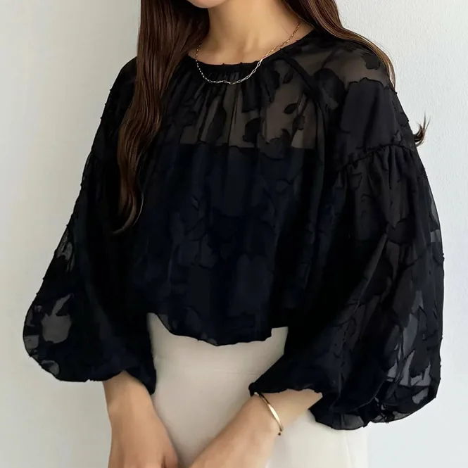 

Japanese Rakuten Summer Autumn Sun Protection Shirt Air Conditioning Shirt Women's Lantern Sleeve Hollow Loose Slimming Lace