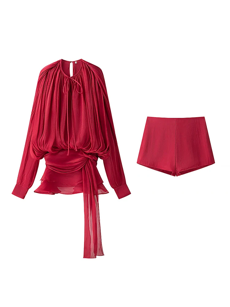 

SIYANG Women Fashion 2 Piece Set Solid Lace Up Pleated Shirt & Vintage Back Zipper Shorts Female Chic Lady Women Shorts Sets