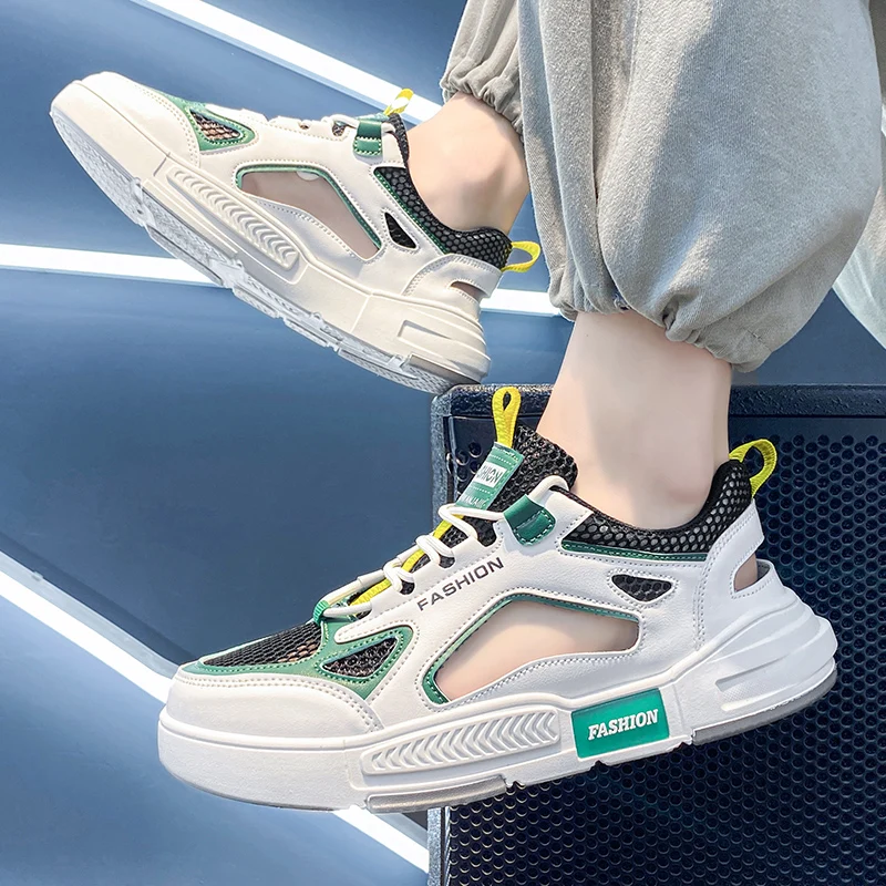 Мужские летние новые сетчатые спортивные сандалии с круглым носком, толстая подошва, нескользящая дышащая повседневная спортивная обувь на шнуровке, пляжная обувь