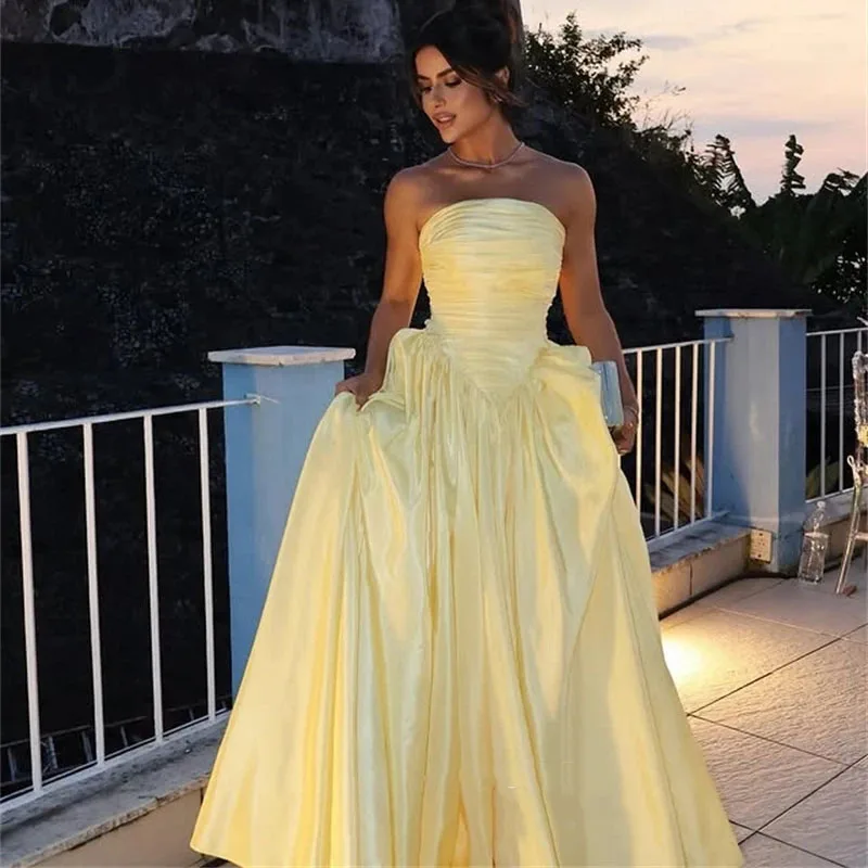 

LAYXHS Elegant Yellow Formal Evening Dresses Strapless A-Line Pleat Prom Dresses Customized فساتين سهرة