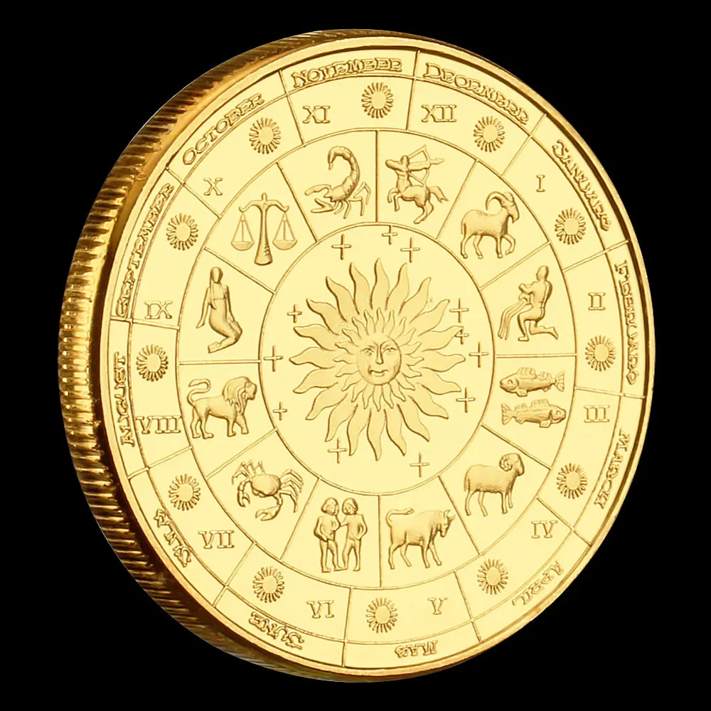 Zodiac Commemorative Souvenir Coin Golden Plated Aries Wishing Lucky Coins Sun God Medal Memorial Coin