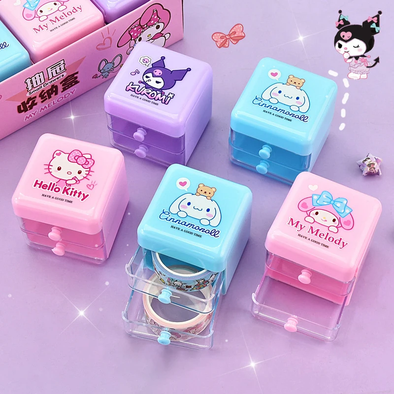 Kawaii Sanrio Jewelry Storage Box Cinnamoroll Hello Kitty Anime Cute Mini Bilayer Jewelry Organizing Box Girls Christmas Gifts