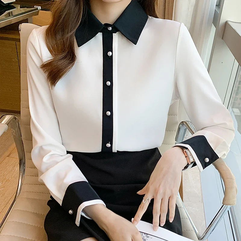 Spring Women White Chiffon Blouse Shirt Long Sleeve Blouse Women Blusas Mujer De Moda 2024 Blouses Femme Women Tops Shirts F320