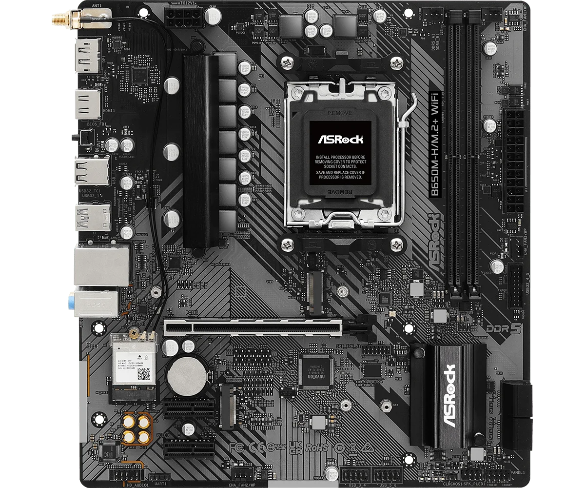اللوحة الأم ASRock B650M-H/M.2+Wifi AMD AM5 Micro-ATX، تدعم معالجات سلسلة AMD Ryzen 9000/8000/7000، DDR5 6400+ (OC)