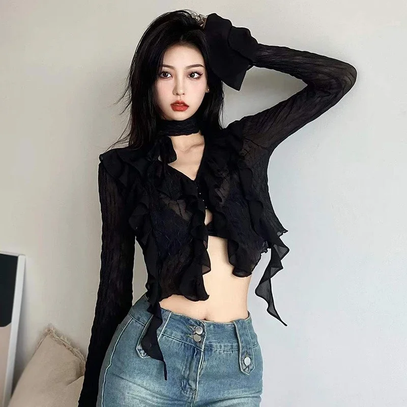 

V Neck Solid Color Women's Crop Top Retro Long Sleeves Cardigan Top