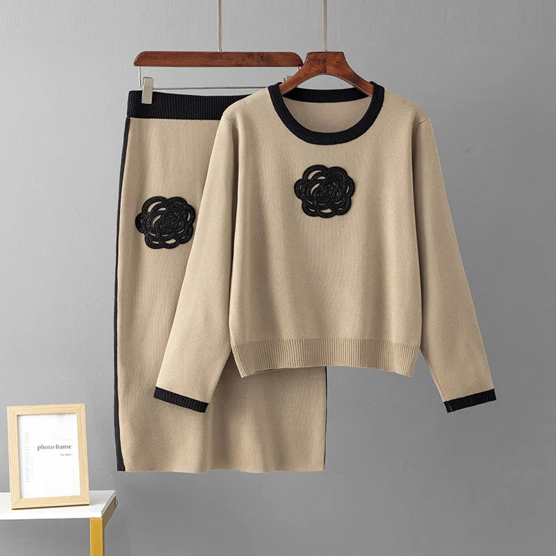 Autumn Embroidered Wool Skirts Suit Embroidered Sweater Tops with One-Step Skirt Fashion Women Casual Loose Two-Piece Sets