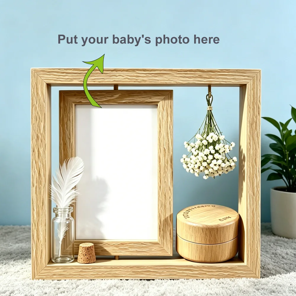 Baby Memory Keepsake Frame Set with Tooth Fairy Box, Hair Vial, Dried Flower Rotating Photo Frame for Newborn, Baby Shower Gift