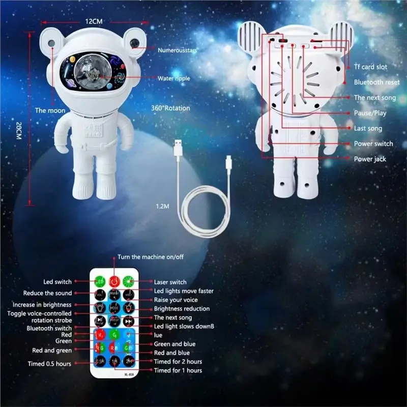 BMBY-Moon Lamp Nebulosa Galaxy Efeitos LED Star Light Projetor Astronauta Lâmpada de projeção infantil