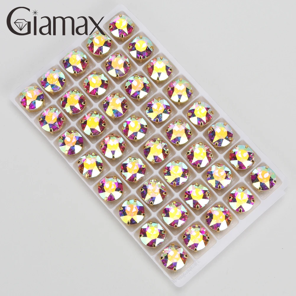 Giamax High Quality  Round Glass Crystal Sewing Stone With Gold Silver Claw Sew on Rhinestones For Garment Clothes Bags