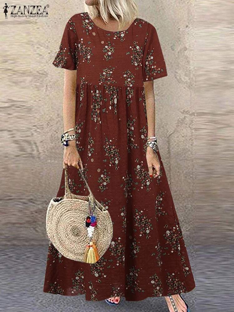 Letnie sukienki Maxi z nadrukiem ZANZEA 2025 Kobiety Vintage Sukienka z krótkim rękawem Casual Holiday Sundress Bohemain O Neck Loose Vestidos