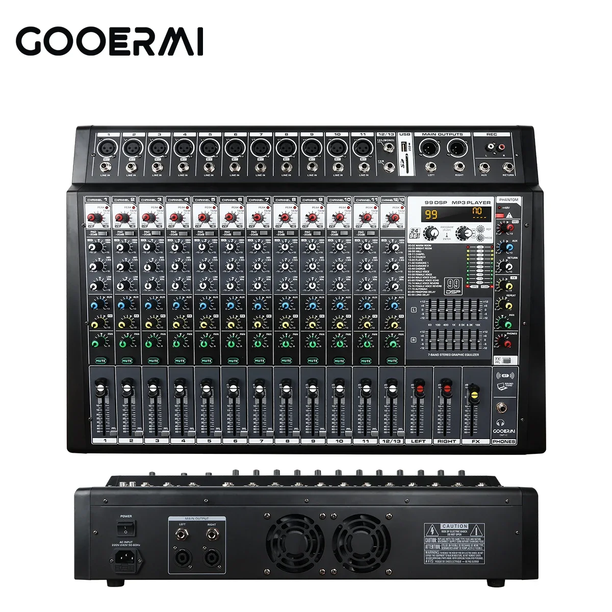 Gooermi DMT12 350W 12-Channel Audio Powered Mixer Amplifier 99DSP Reverb W/ USB 8ohm & 4ohm Impedance Metal Shell
