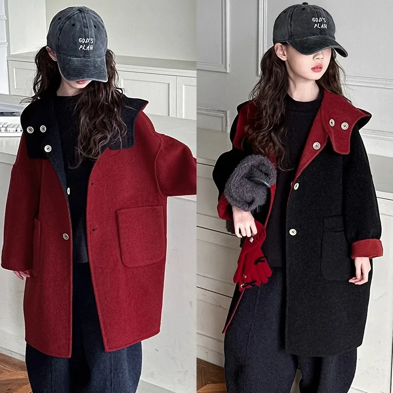 

Girls' Double-sided Fleece Winter Coat 2025 New Arrival Warm Children's Two-Way Wearable Wool Blazer Long Woolen Overcoat3574