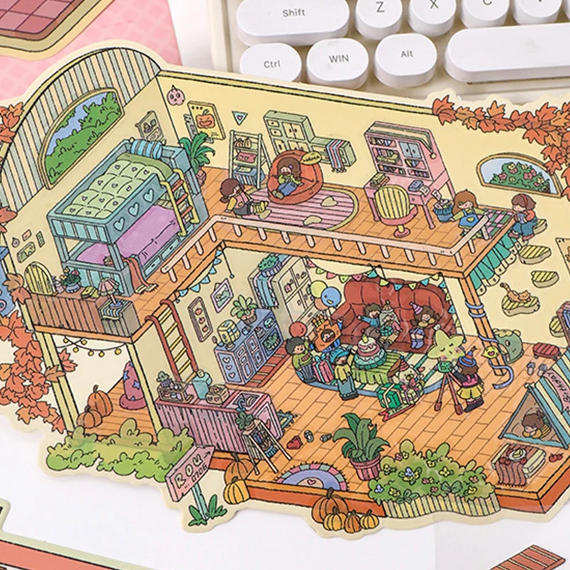1Set Cute Cartoon Mini World Landscape Stickers Pocket 3D Cabin Scene Stacking Pasting Stickers Miniature Scene Stickers
