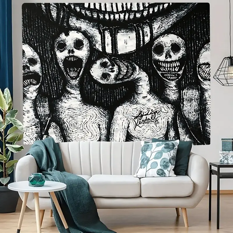 VIKAMA Gothic Horror Wandteppich, einfarbig, gruseliger Totenkopf, menschlicher Körper, Skizze, Wanddecke für Grunge-Wohnheim-Dekoration – Detail 3