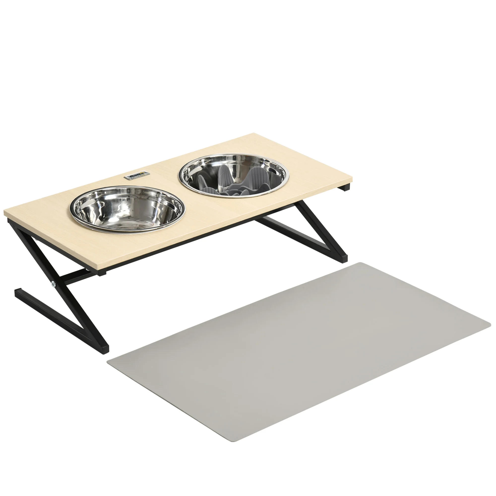 PawHut Raised Dog Feeder with Mat and Feeder Slow Dog Bowls with 2 1100 ml Stainless Steel Bowls for Medium Pet 60x30x18,5 cm Oak