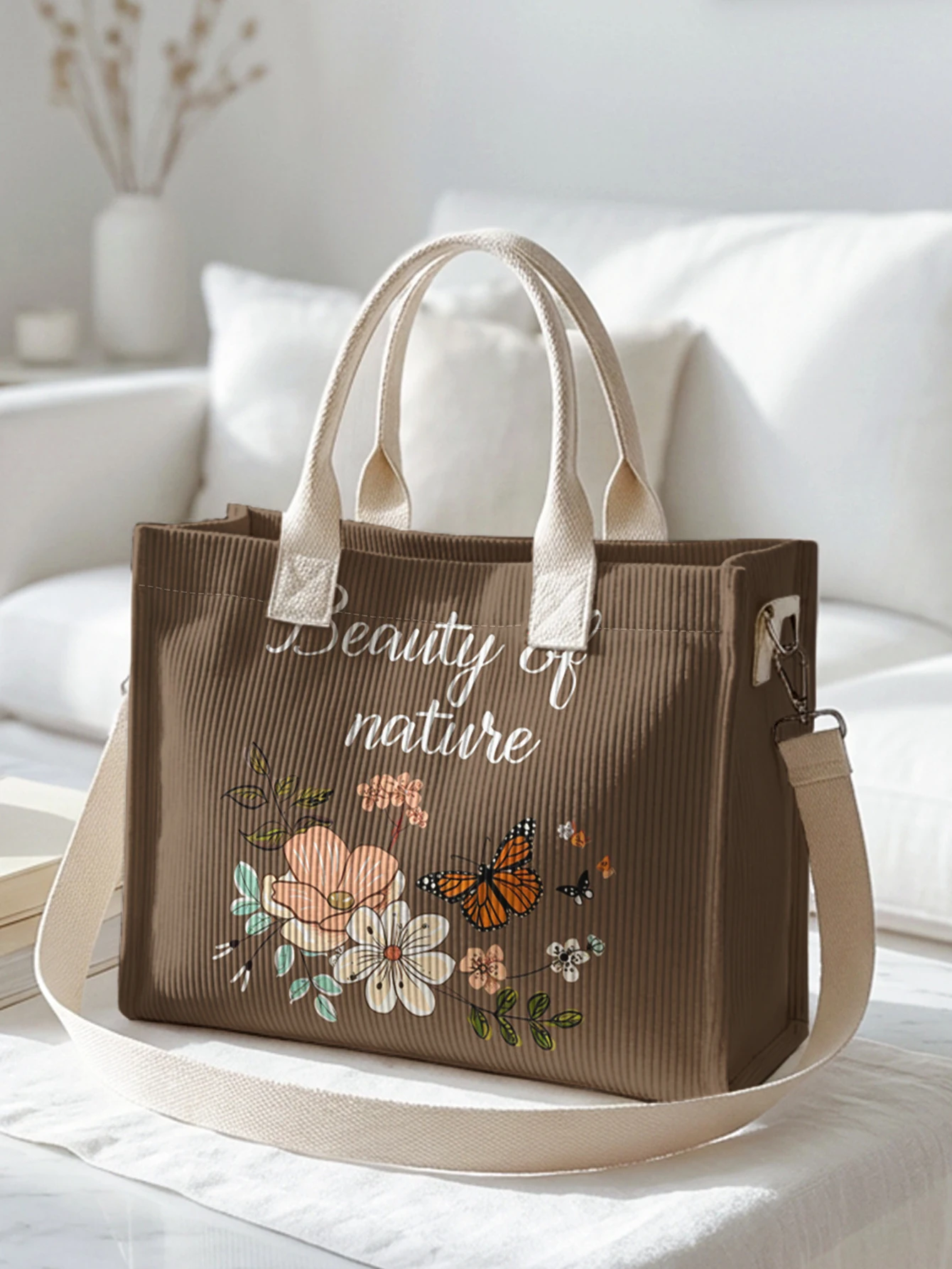 "Beauty of Nature" Floral & Butterfly Print Brown Corduroy Tote Bag Large Capacity Multi Pocket Nature Lover Commuter Shoulder B view 4