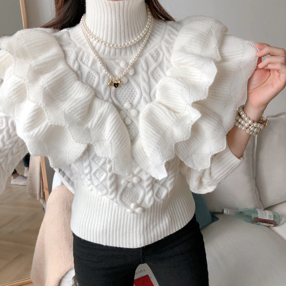 Ruffles Design England Style Turtleneck Outfit Sweater Women Spring Autumn Winter Ladies Elegant Party Pullovers Dropshipping