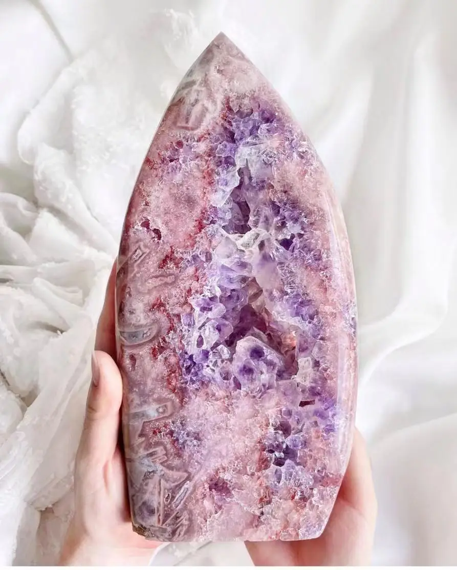 

Natural Pink Amethyst Flame Crystal Mineral Specimen Polished Quartz Fire Torch Rock Healing Stone Home Decoration Gift