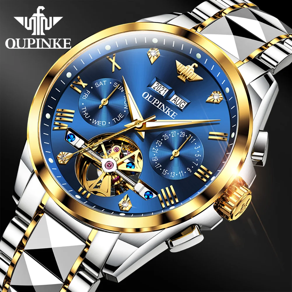 OUPINKE Roman Scale Mechanical Couple Watch Hollow Skeleton Synthetic Sapphire Mirror Wristwatch Deep Waterproof Top Brand Watch