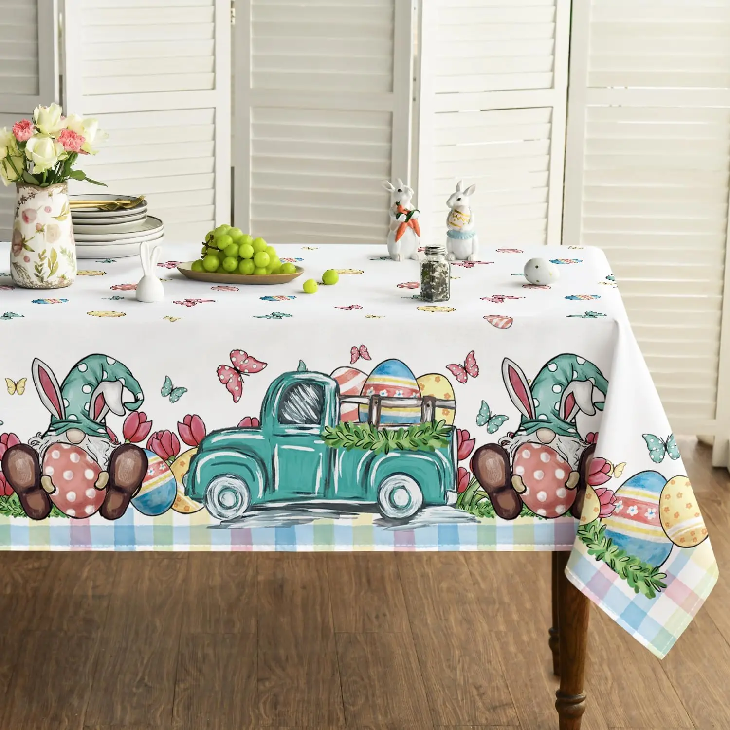 Easter Eggs Bunny Ears Truck Gnome Waterproof Tablecloth Party Decor Spring Tulip Flowers Plaid Table Cloth Easter Decorations