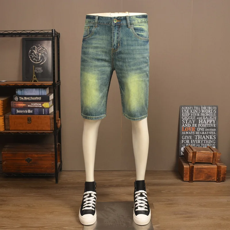 Summer thin denim shorts men's trendy brand stretch slim fit fashionable retro green washed casual five quarter pants