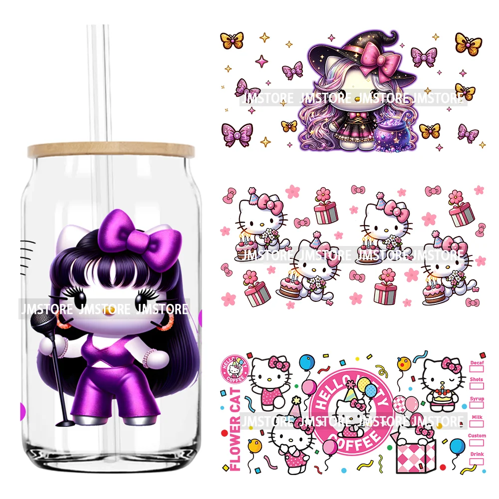 Flower Cartoon Cat With Pink Bow 16OZ UV DTF Cup Wrap Transfer Sticker Custom Label Durable Waterproof Logo For Libbey Glass Can