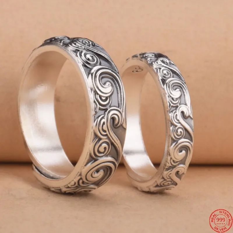 S999 Sterling Silver Rings for Women Men New Fashion Eternal Vine Totem Sea Wave Adjustable Pure Argentum Jewelry Wholesale