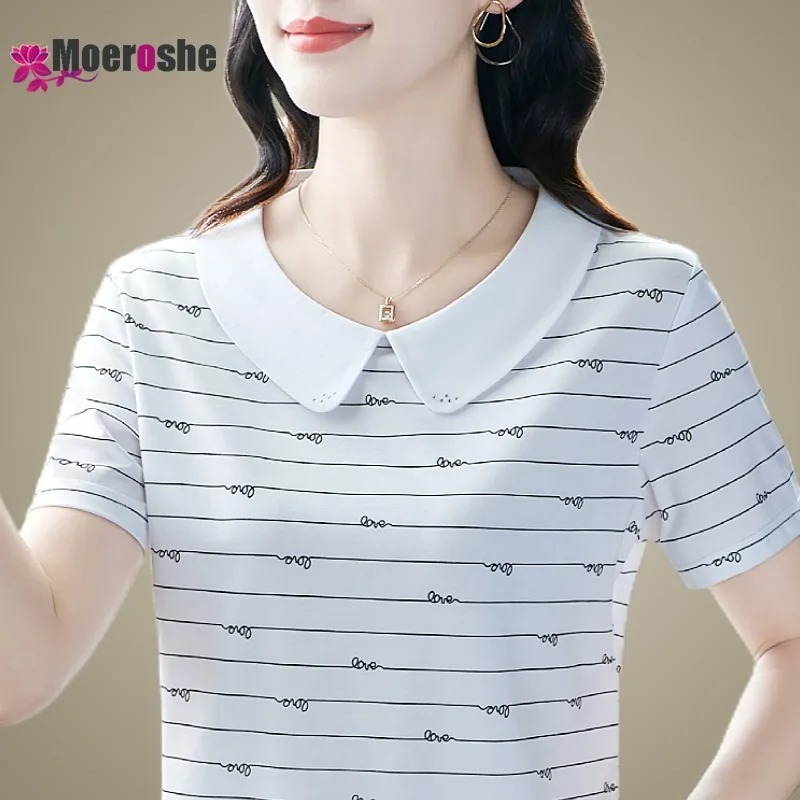 Aesthetic Women Roll Collar POLO Short Sleeve T-shirts Fashion Clothing Trend Anti-Pilling Ladies Tops Doll Collar Age Reduction