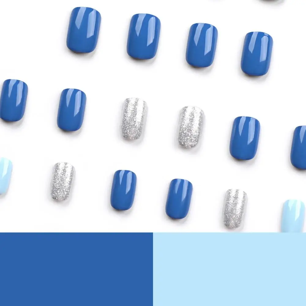 24pcs Solid Blue Color Simple Style False Nail Medium Length Full Cover Nail Tips Square Shape Silver Flash Powder Fake Nail