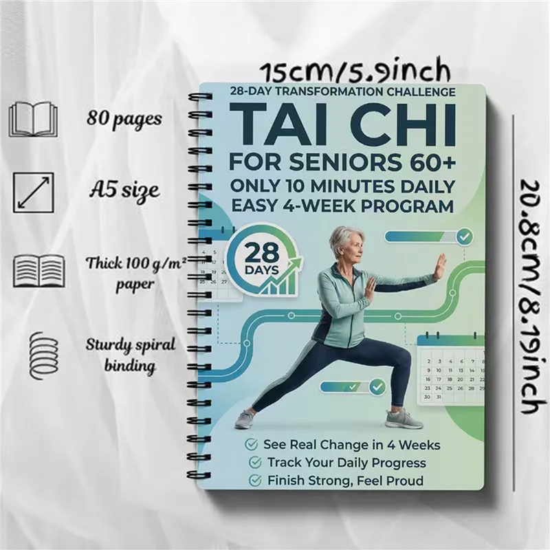 Tai Chi for Over 28 Days Chair Tai Chi Coil Notebook Tai Chi Practice, only 10 minutes per day, Tai Chi Walk Easy 4-Week Plan