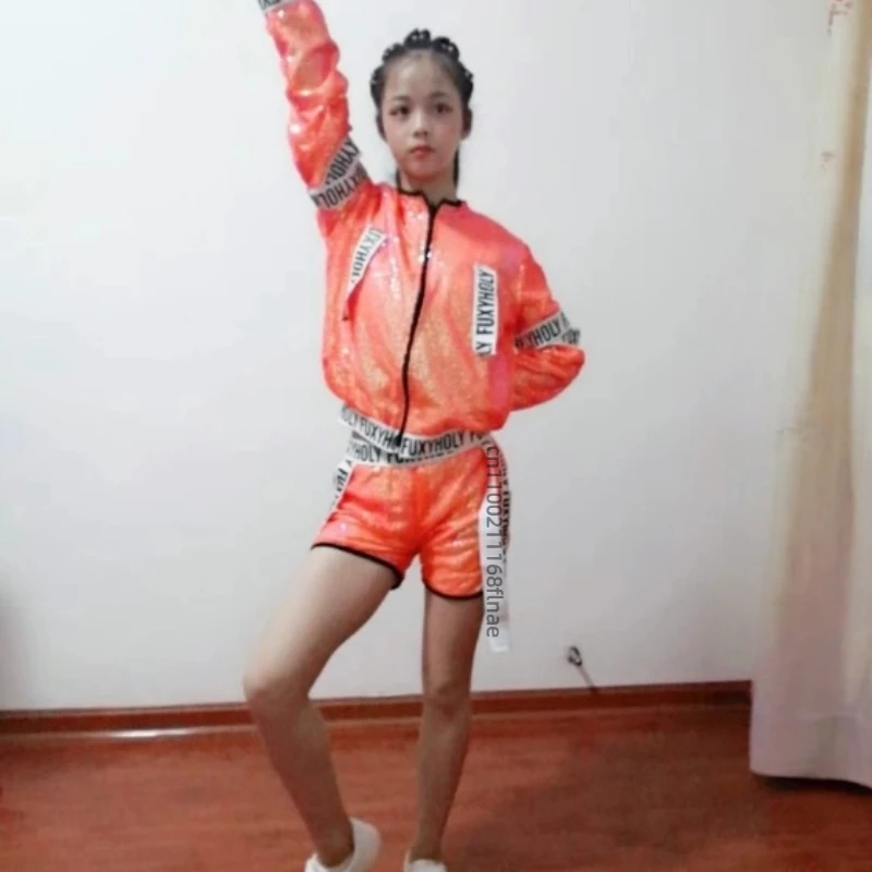 Trajes de desempenho de dança jazz infantil, trajes de desempenho de lantejoulas de dança moderna, conjuntos de dança de rua para meninos e meninas