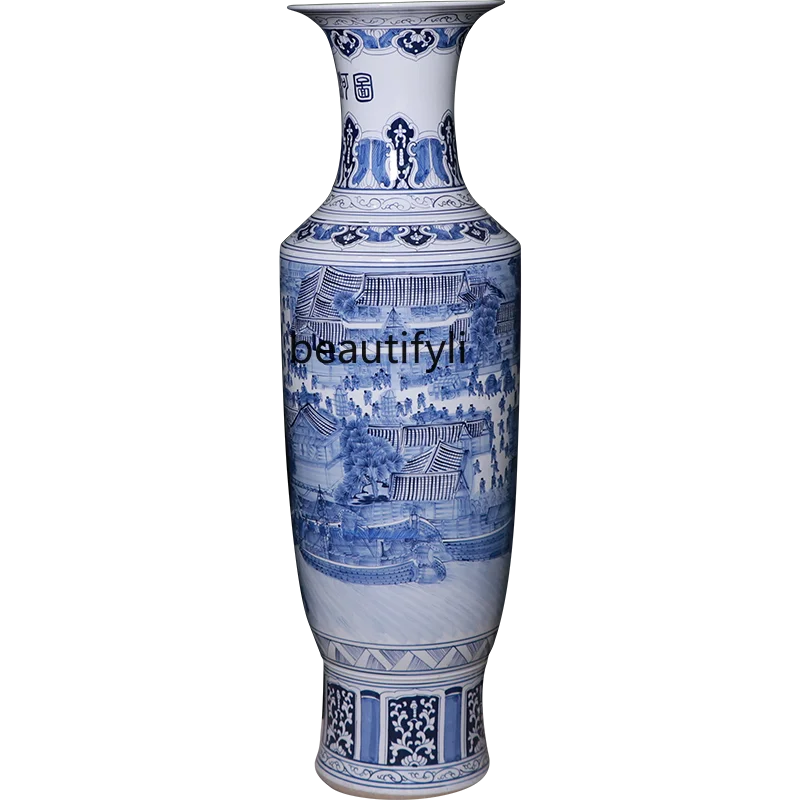 Jingdezhen ręcznie malowana wazon podłogowy niebiesko-biała porcelana Qingming River mapa domu salon w holu dekoracyjne ozdoby