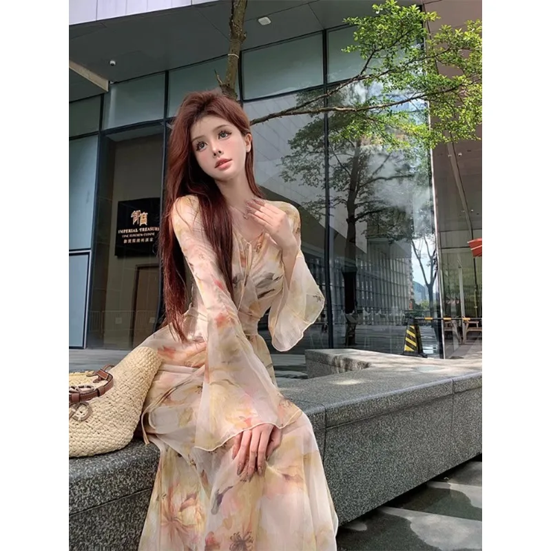 

French Style Dress Sets Sleeveless Printed A-line Long Dresses Flare Sleeve V-neck Casual Shirts Korean Fashion Two Piece Sets