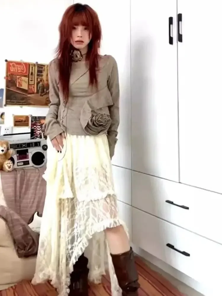 

Chic Bohemian Faldas Mujer De Moda Fashion Skirts for Women Ruffles Floral Ruffles Jupe Vintage Irregular A-line Lace Skirts