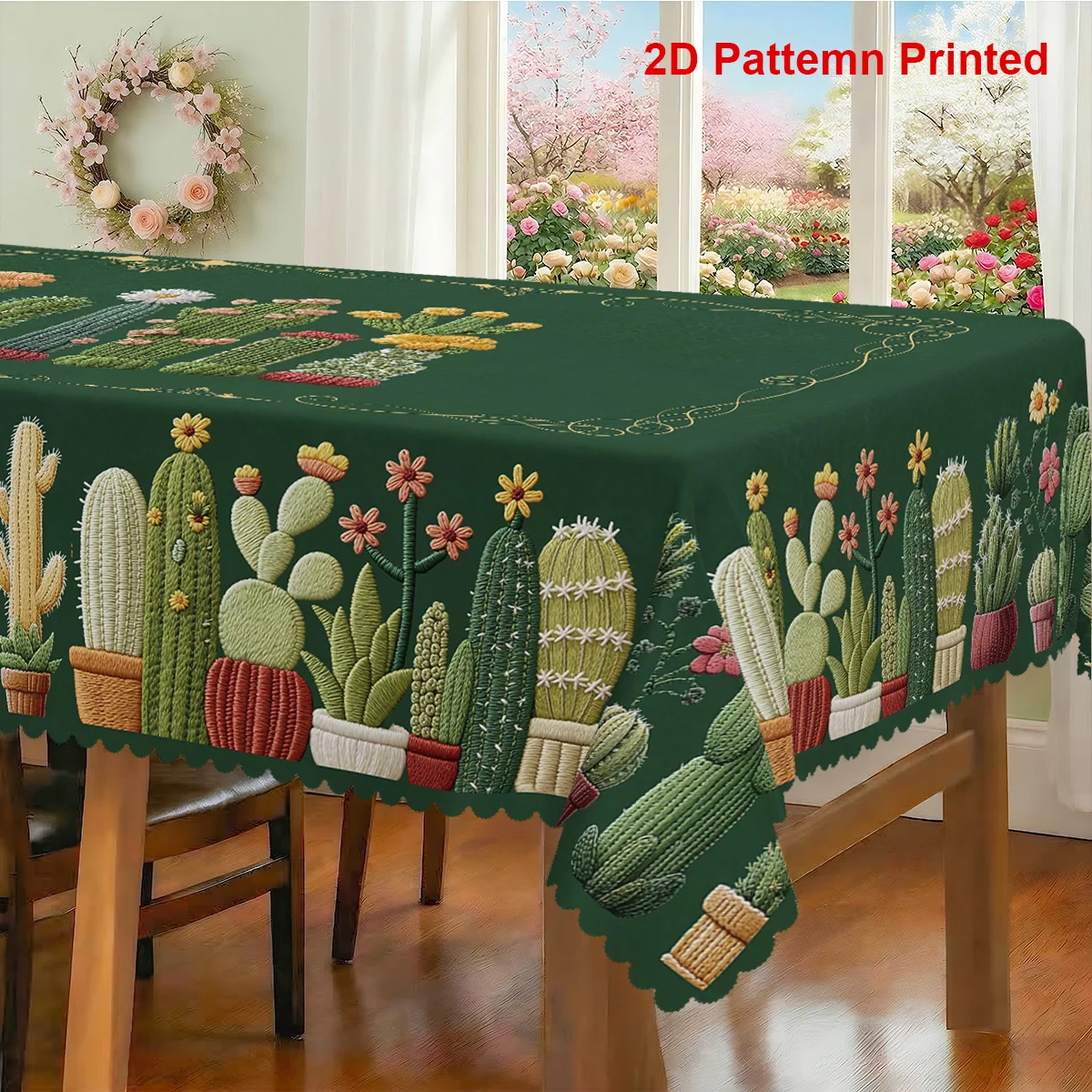 One tablecloth with a cactus theme, featuring a spring/summer green floral print design.