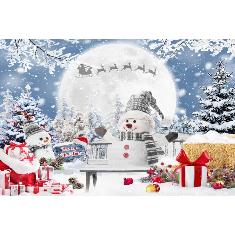 Winter Snowman Background Forest Natural Scenery Pine Tree Snowflake Christmas Tree Baby Portrait Photography Backdrop Decor