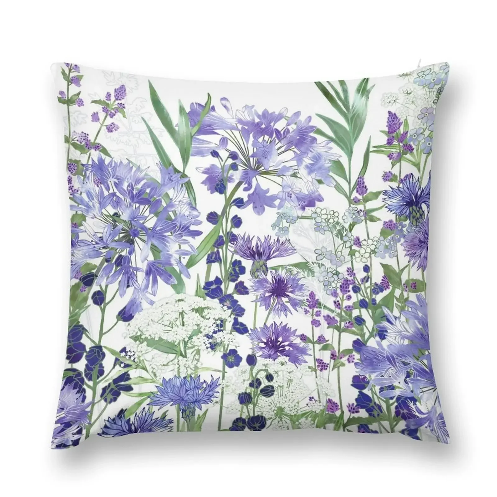 Blue Flower Garden - Agapanthus, Delphiniums, Cornflowers, Catmint, Forget-Me-Nots Throw Pillow Couch Cushions anime girl pillow