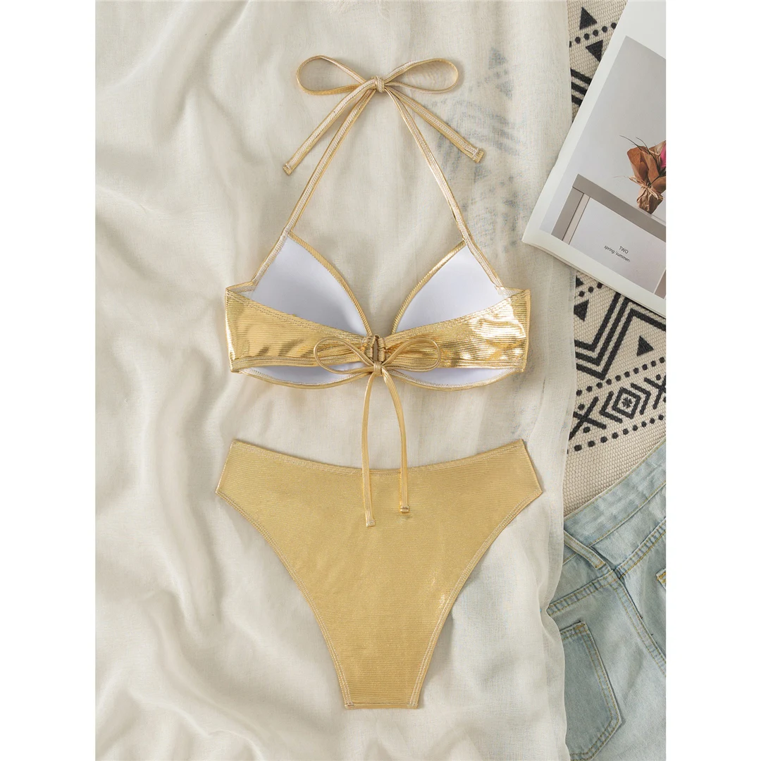 Goldener, sexy Bikini aus Kunstleder, hoch geschnitten, zweiteiliger Bikini-Set, Damen-Badeanzug, Badebekleidung, Badeanzug, Schwimmkleidung V6409 – Detail 6